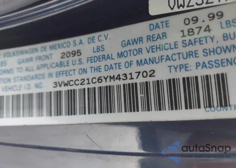 2000 Volkswagen New Beetle Gls z USA, uszkodzony, nr VIN 3VWCC21C6YM431702